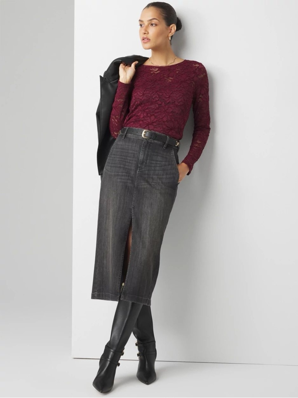 White House Black Market Black Denim Midi Skirt with Front Slit Size 10